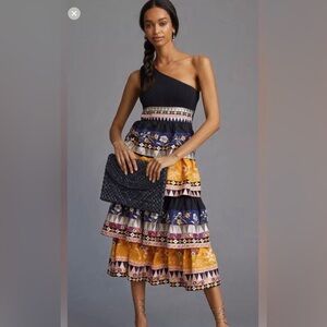 By Anthropologie One-Shoulder Tiered Midi Black Top Multicolor Ruffles S…